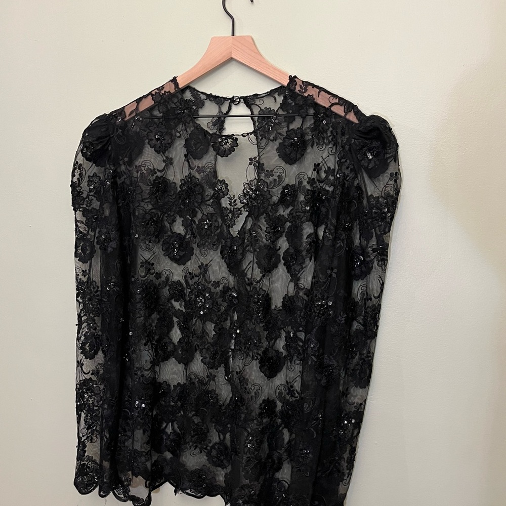 Custom Made Black Sequins Lace Blouse Size 16 - image 1